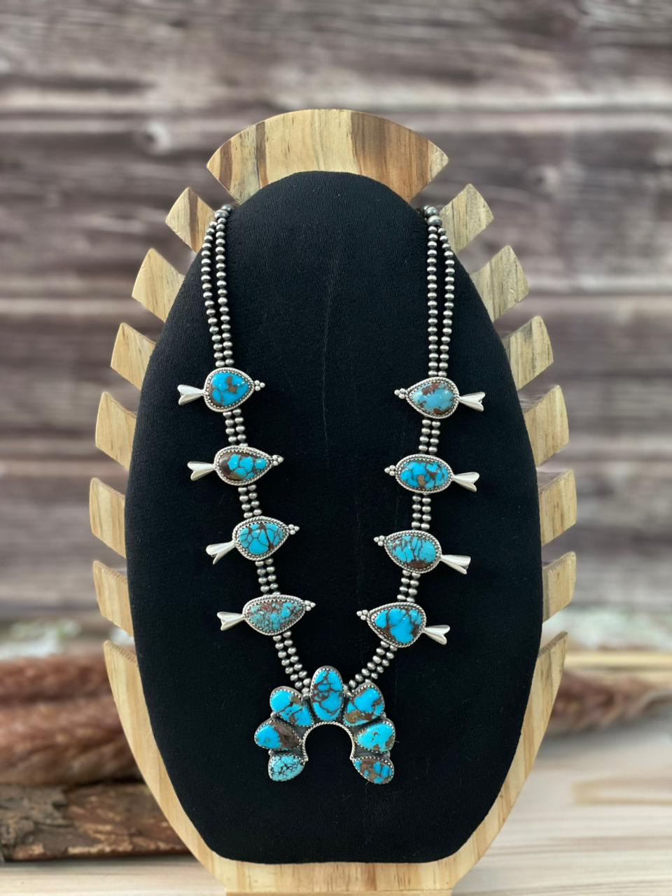 Handmade Sterling Silver Egyptian Turquoise Beaded Naja Squash Blossom Necklace Signed Nizhoni