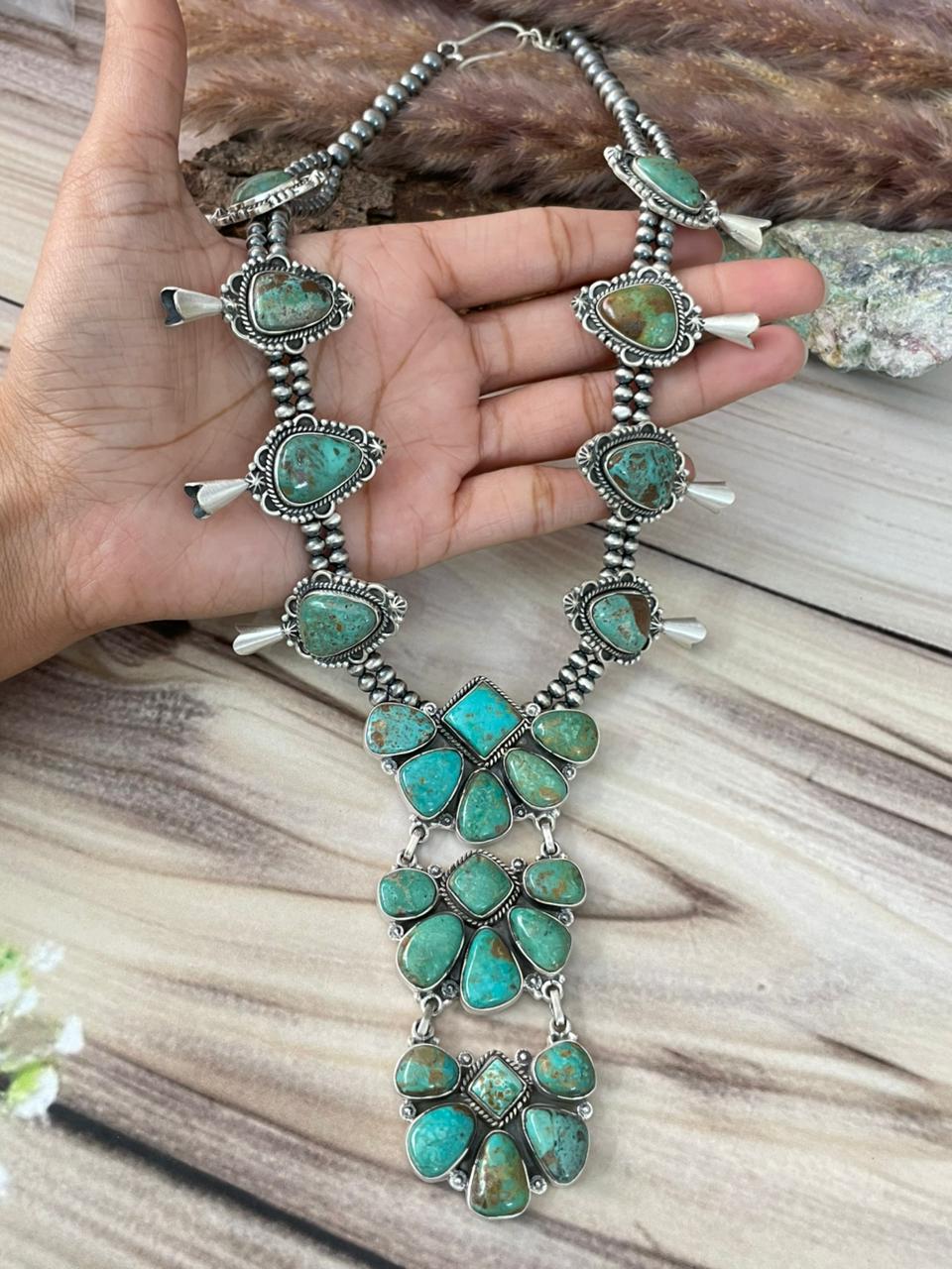 Handmade Sterling Silver Sonoran Turquoise Squash Blossom Beaded Necklace Signed Nizhoni
