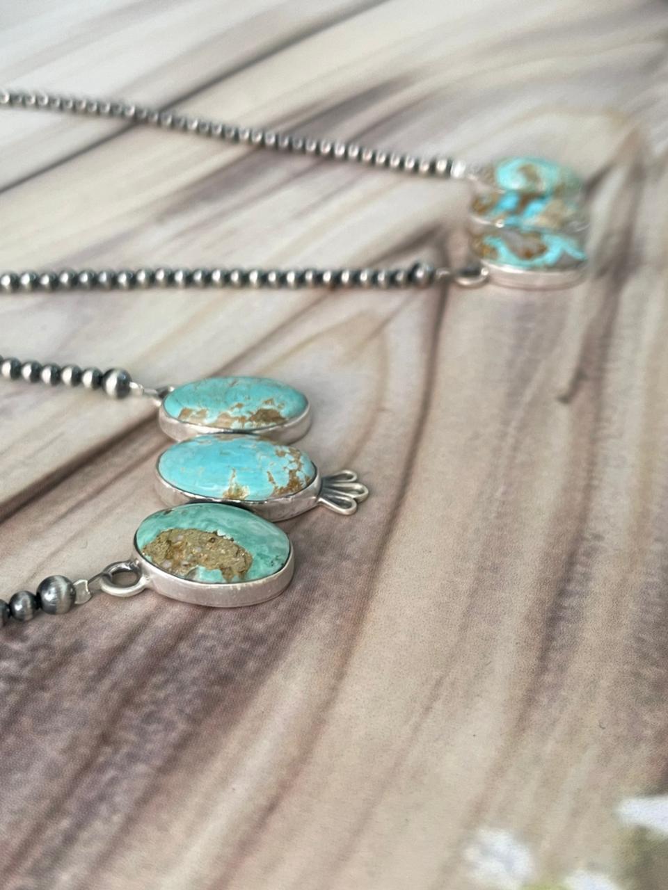 Handmade Sterling Silver Royston Ribbon Turquoise Beaded Necklace Signed Nizhoni