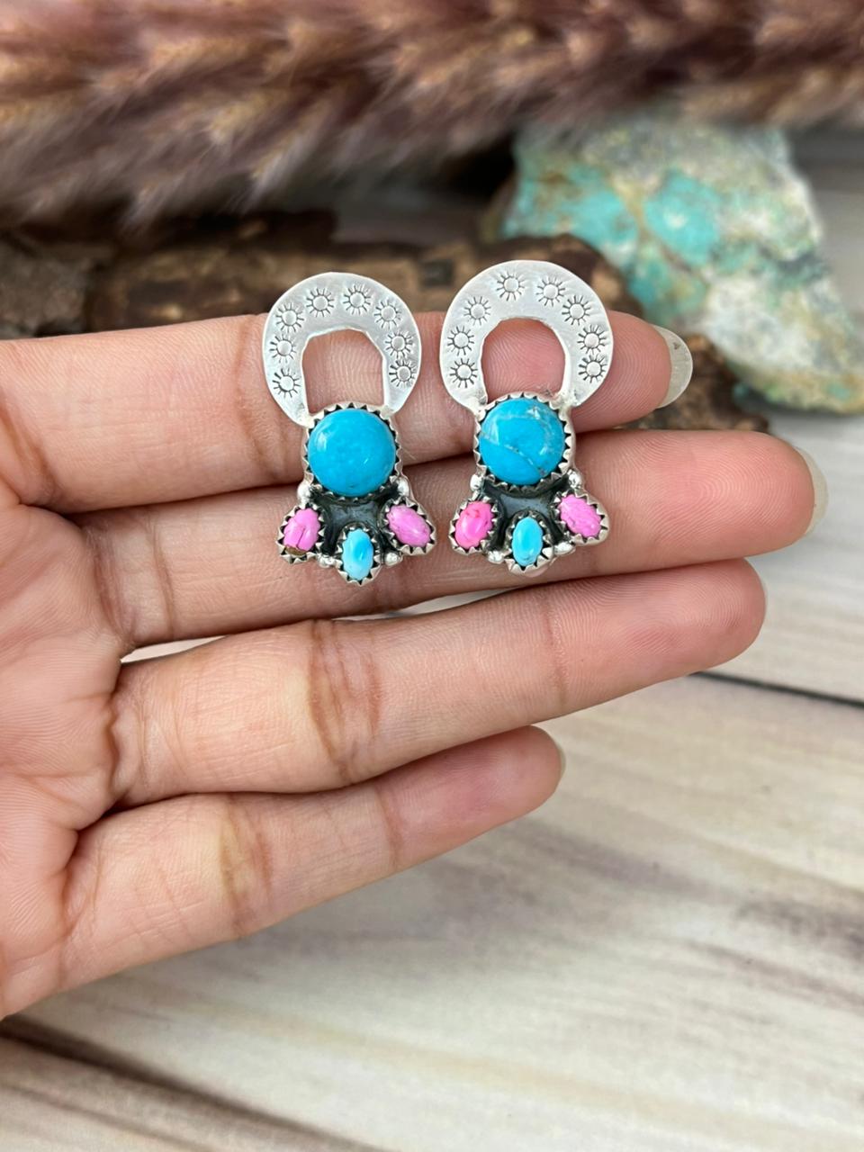 Handmade Sterling Silver Blue Kingman Turquoise with Cotton Candy Post Earrings Signed Nizhoni