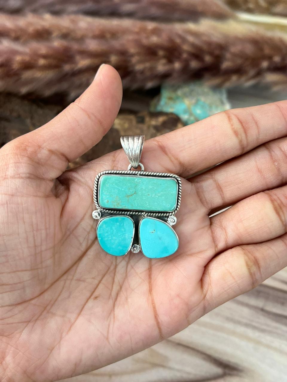 Handmade Sterling Silver Green Kingman Turquoise Collection: Pendant Signed Nizhoni