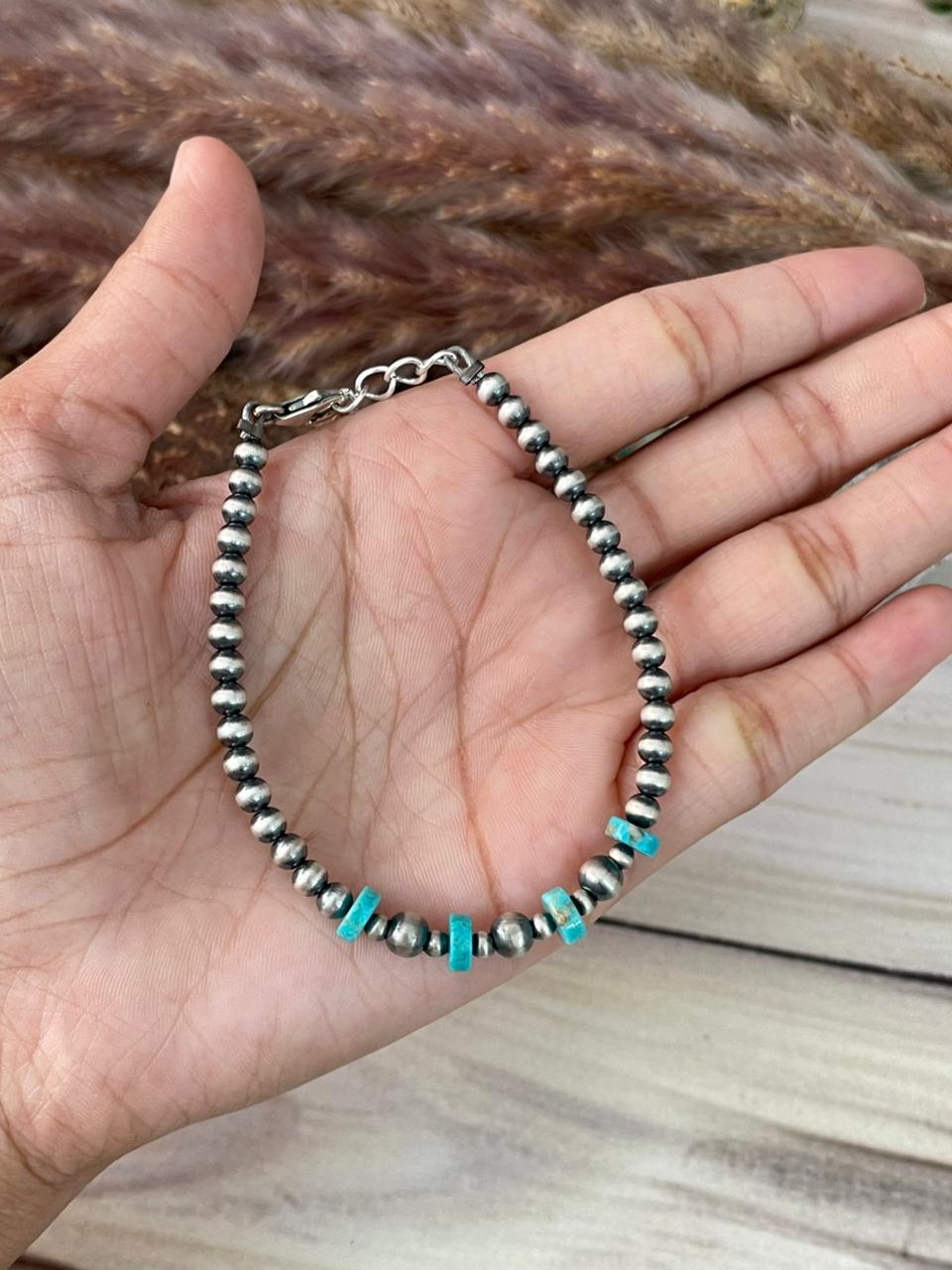 Handmade Sterling Silver Kingman Turquoise Beaded Chain Bracelet Signed Nizhoni