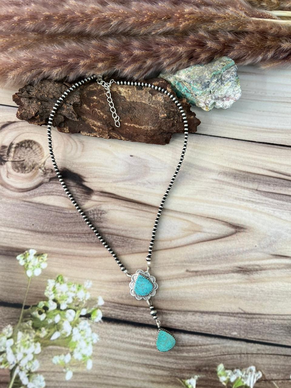 Handmade Sterling Silver Green Kingman Turquoise Collection: Beaded Necklace Signed Nizhoni