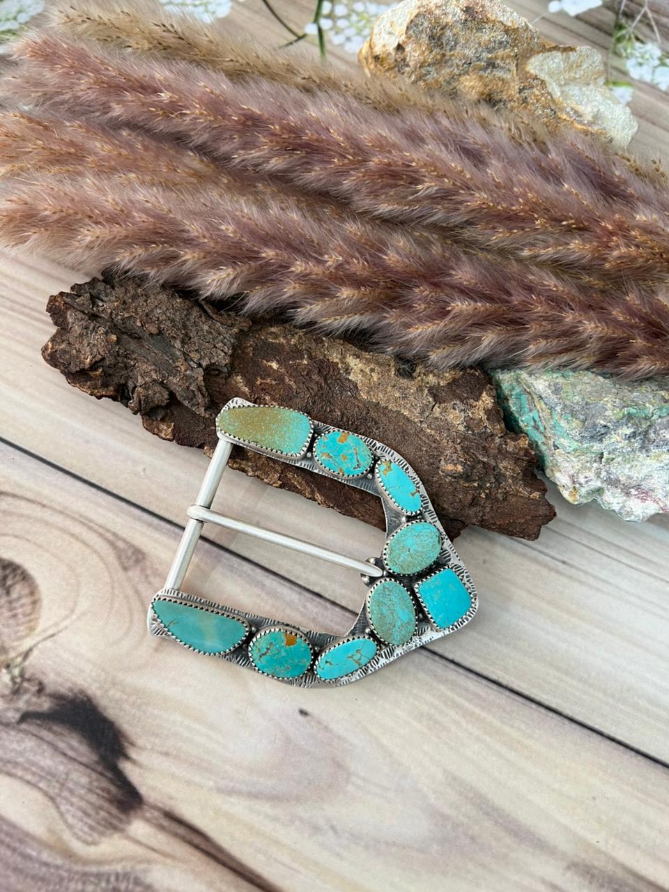 Handmade Sterling Silver Green Kingman Turquoise Collection: Belt Buckle Signed Nizhoni