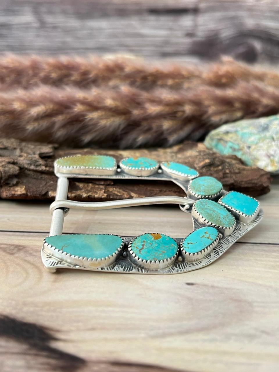 Handmade Sterling Silver Green Kingman Turquoise Collection: Belt Buckle Signed Nizhoni