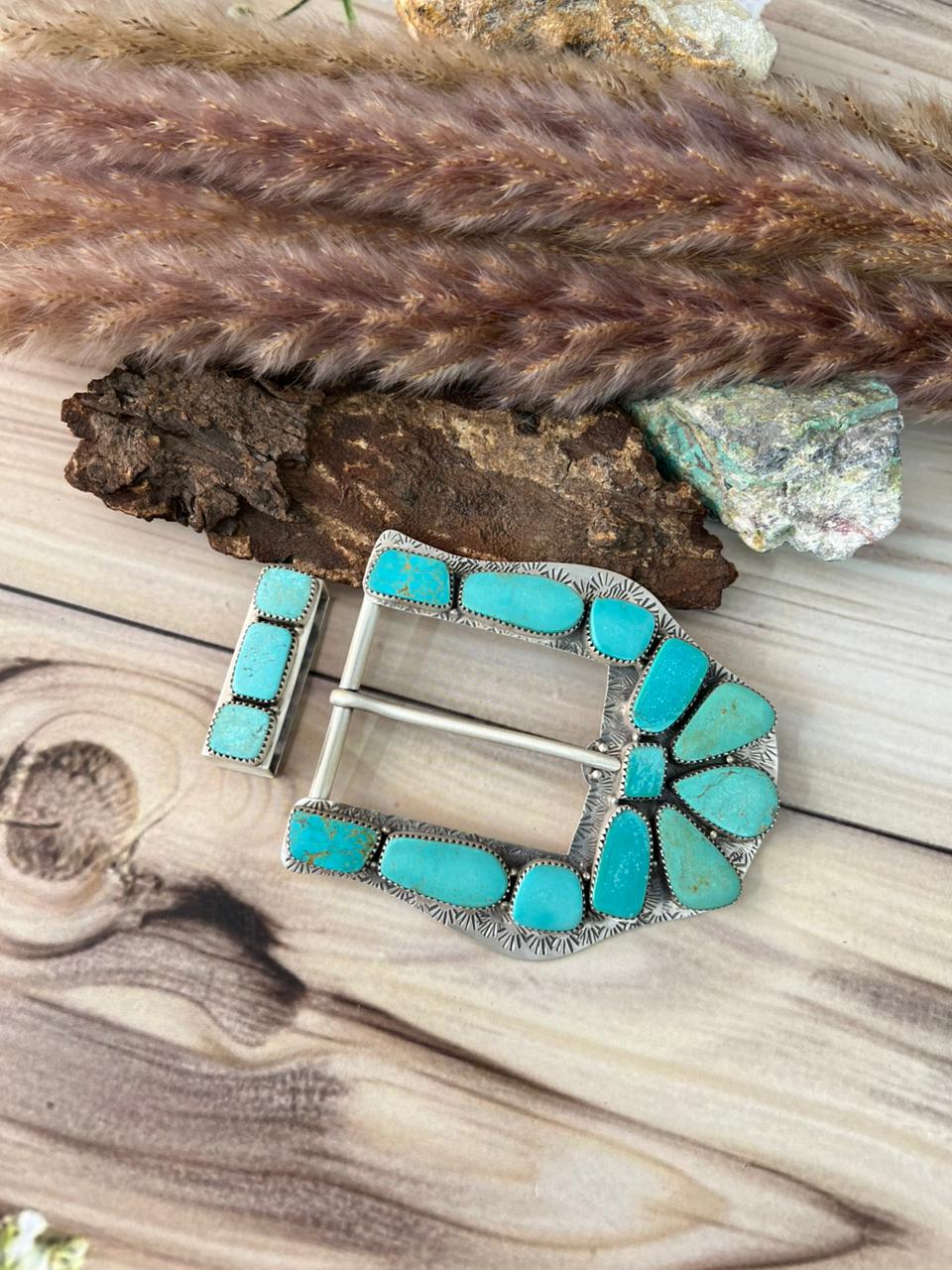 Handmade Sterling Silver Green Kingman Turquoise Collection: Belt Buckle Set Signed Nizhoni