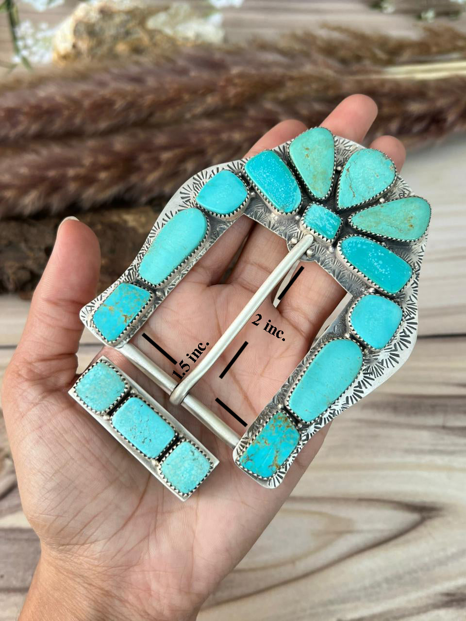 Handmade Sterling Silver Green Kingman Turquoise Collection: Belt Buckle Set Signed Nizhoni
