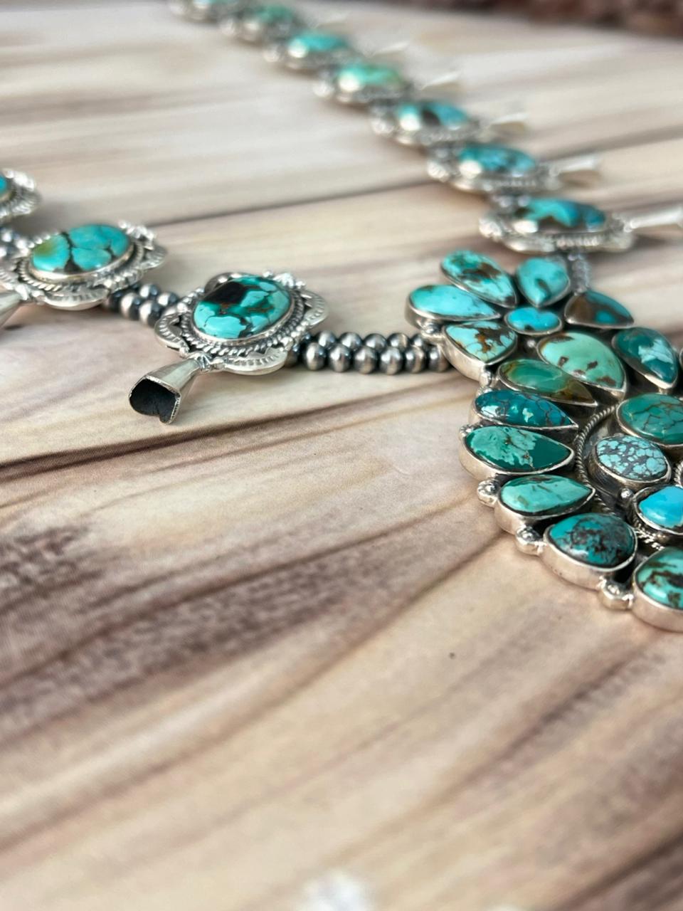 Handmade Sterling Silver Spider Web Turquoise Naja Beaded Squash Blossom Necklace Signed Nizhoni