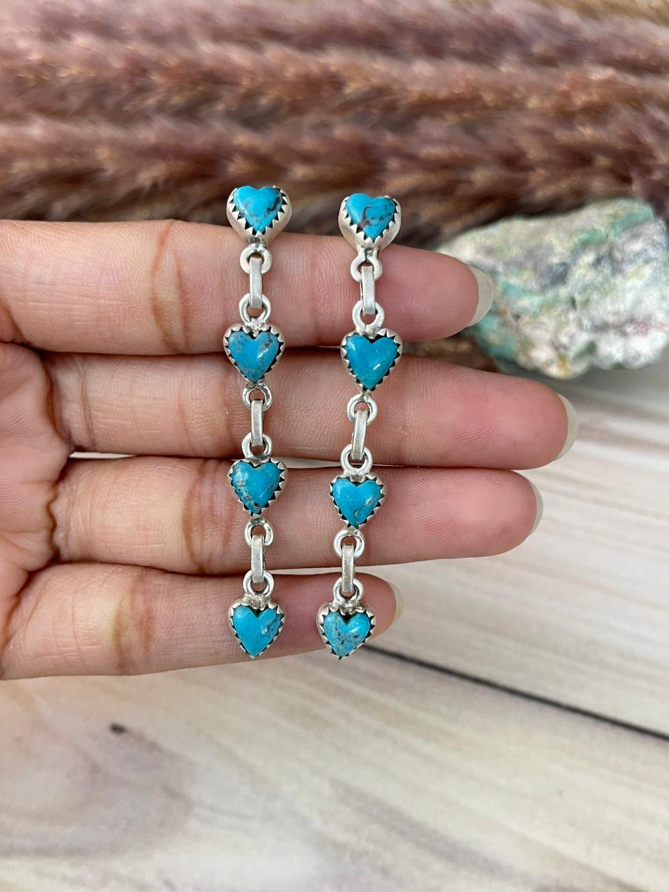Handmade Sterling Silver Blue Kingman Turquoise Post Dangle Earrings Signed Nizhoni