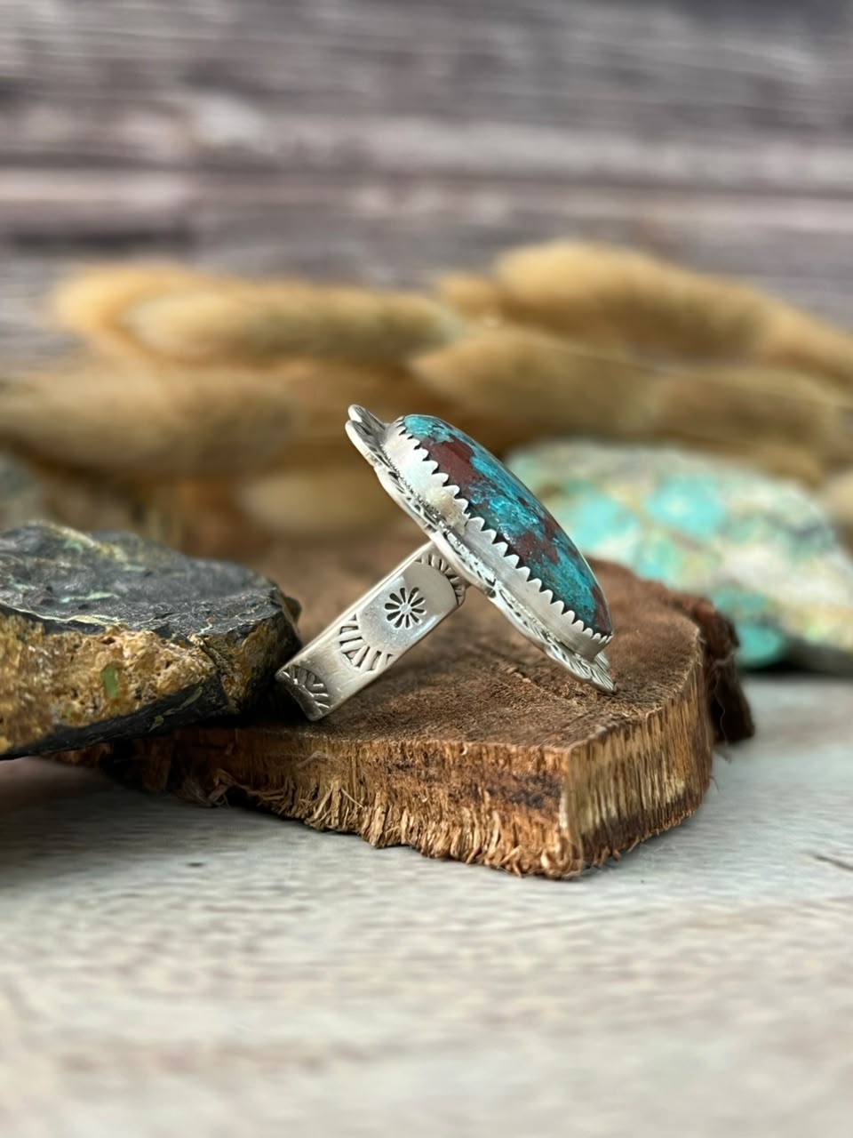 Handmade Sterling Silver Gem Silica Adjustable Ring Signed Nizhoni