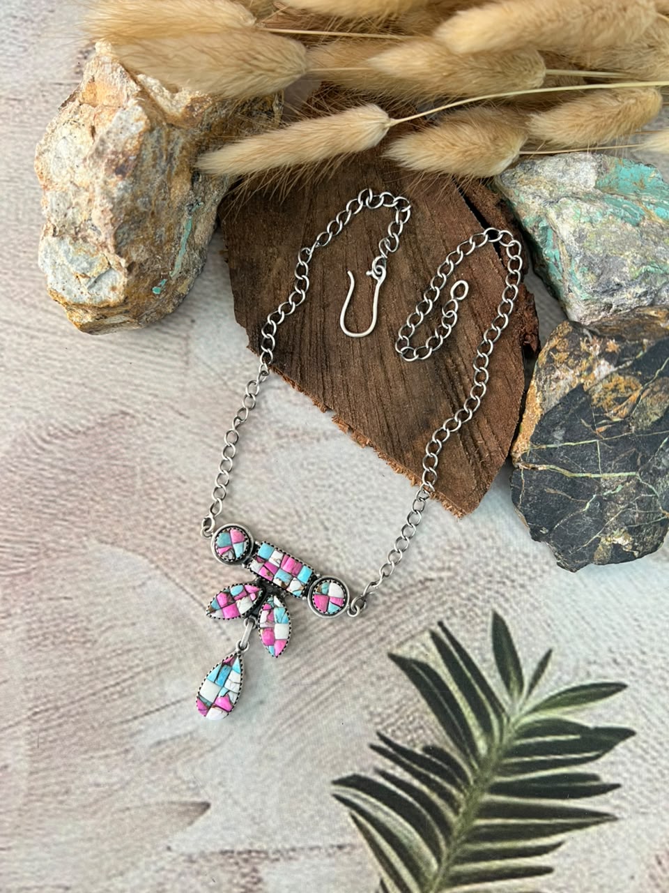 Handmade Sterling Silver Cotton Candy Cobble Stone Necklace Signed Nizhoni