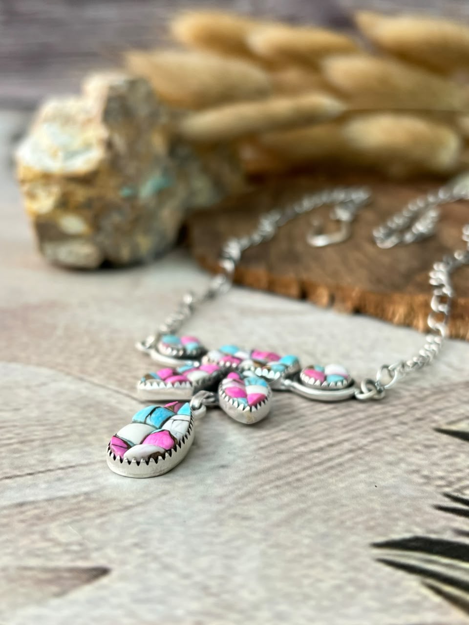 Handmade Sterling Silver Cotton Candy Cobble Stone Necklace Signed Nizhoni