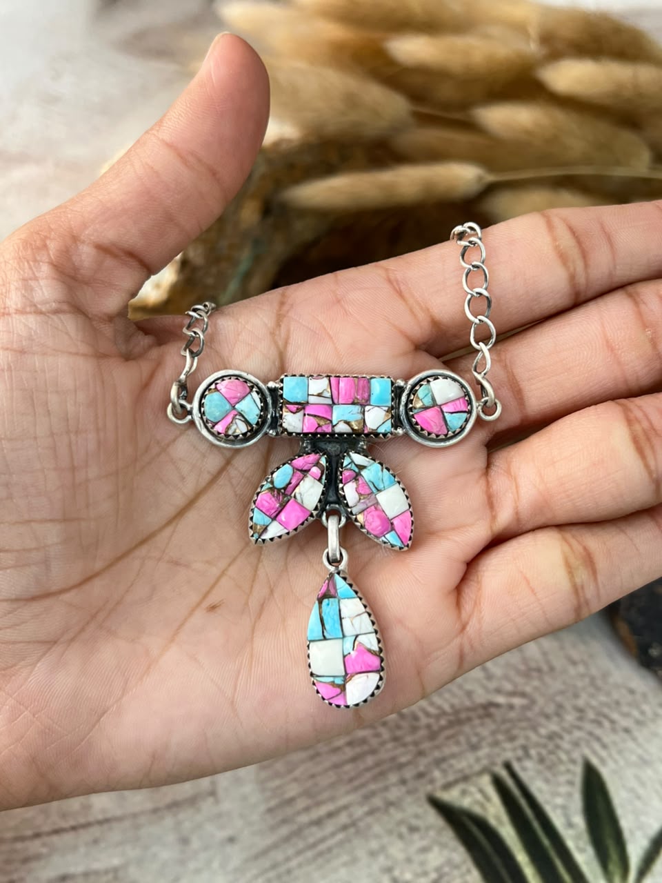 Handmade Sterling Silver Cotton Candy Cobble Stone Necklace Signed Nizhoni