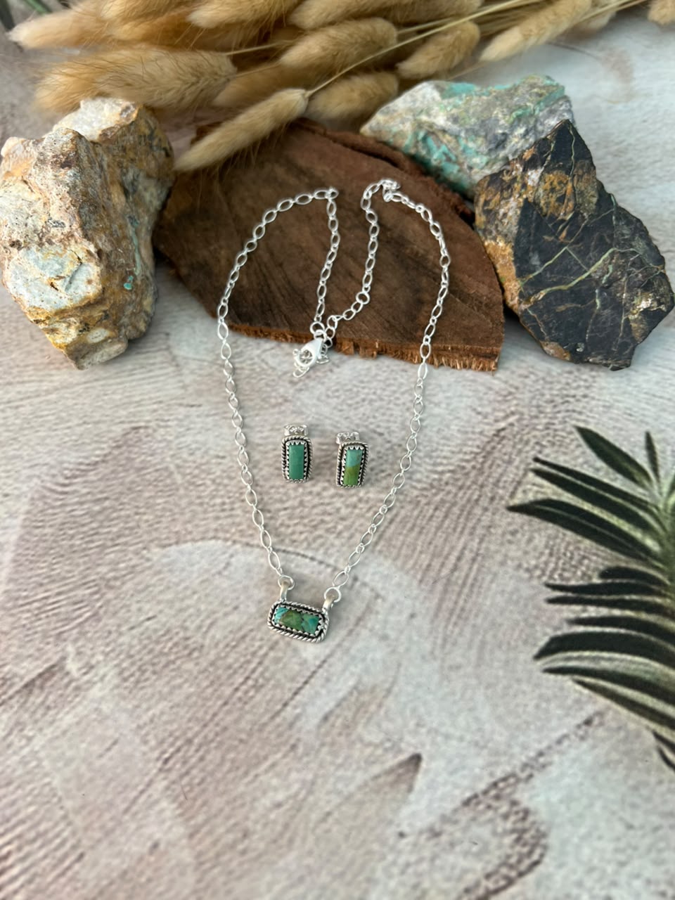 Handmade Sterling Silver Kingman Turquoise Necklace and Earrings Set Signed Nizhoni