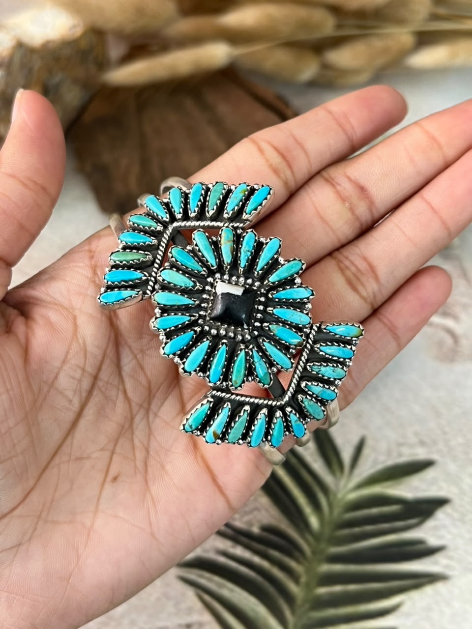 Handmade Sterling Silver White Buffalo with Kingman Turquoise Cuff Bracelet Signed Nizhoni