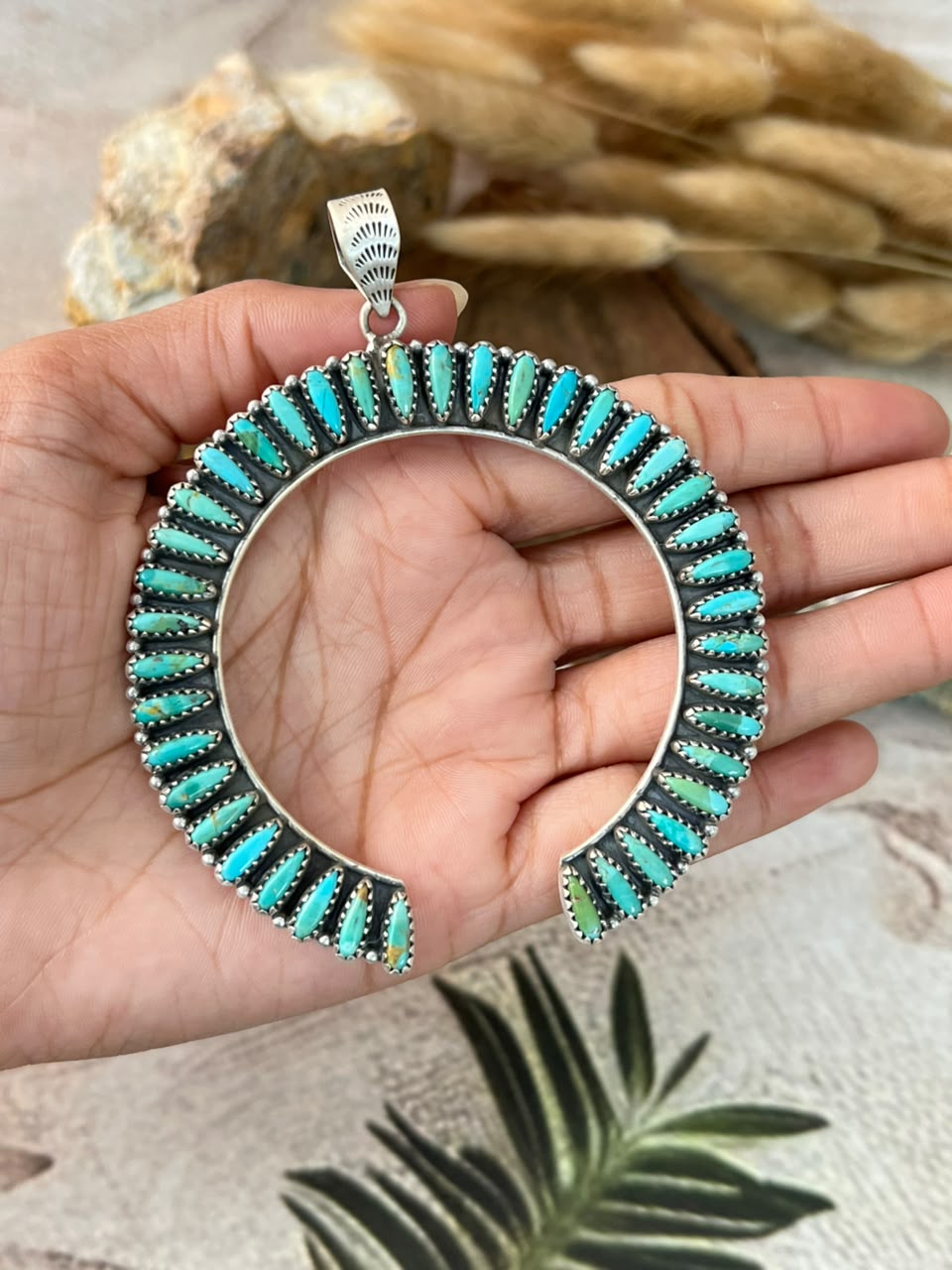 Handmade Sterling Silver Kingman Turquoise Naja Pendant Signed Nizhoni