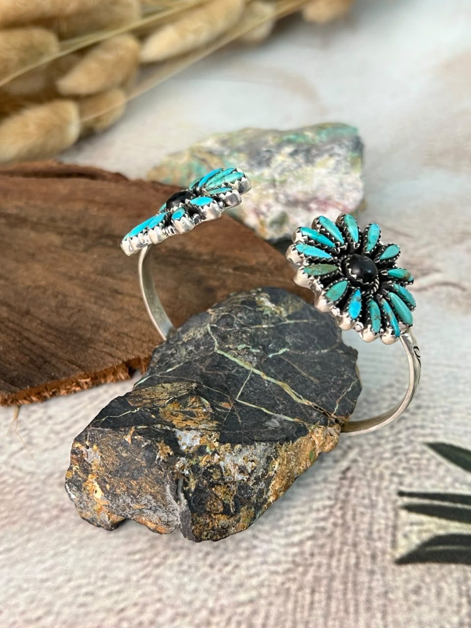 Handmade Sterling Silver White Buffalo with Kingman Turquoise Cuff Bracelet Signed Nizhoni