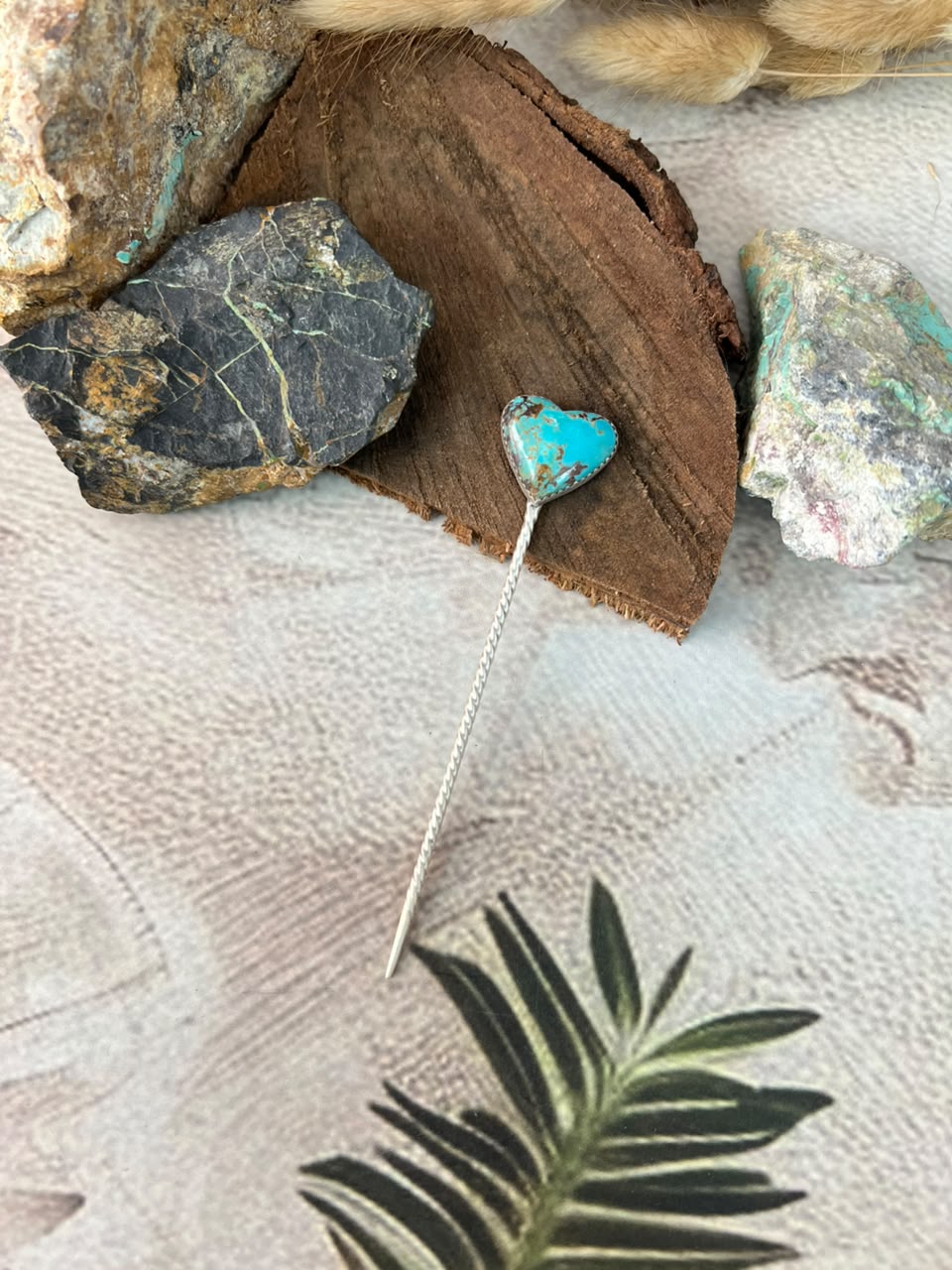 Handmade Sterling Silver Kingman Turquoise Heart Hair Pin Signed Nizhoni