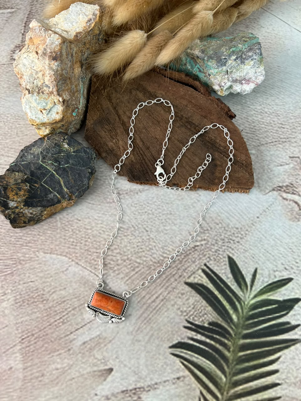 Handmade Sterling Silver Orange Mojave Necklace Signed Nizhoni