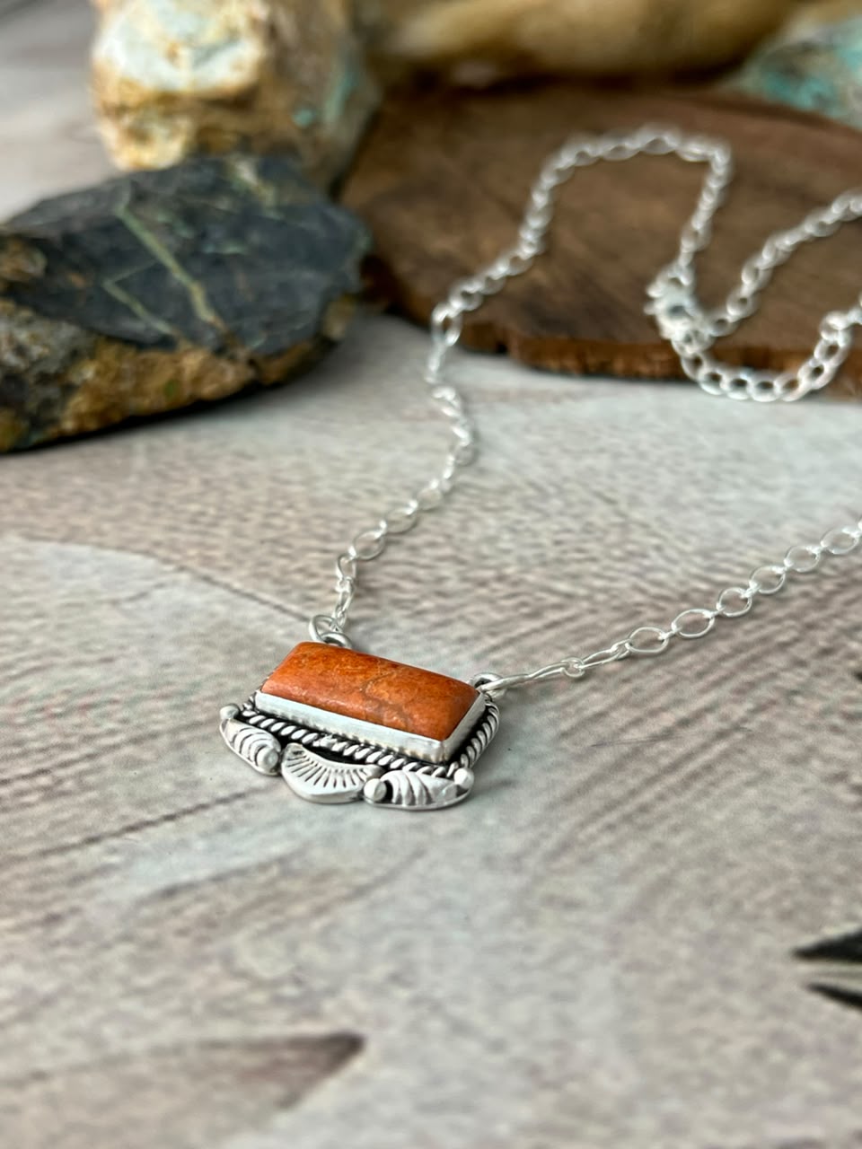 Handmade Sterling Silver Orange Mojave Necklace Signed Nizhoni