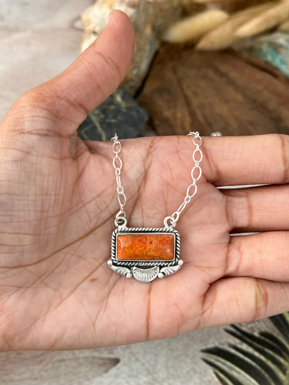 Handmade Sterling Silver Orange Mojave Necklace Signed Nizhoni