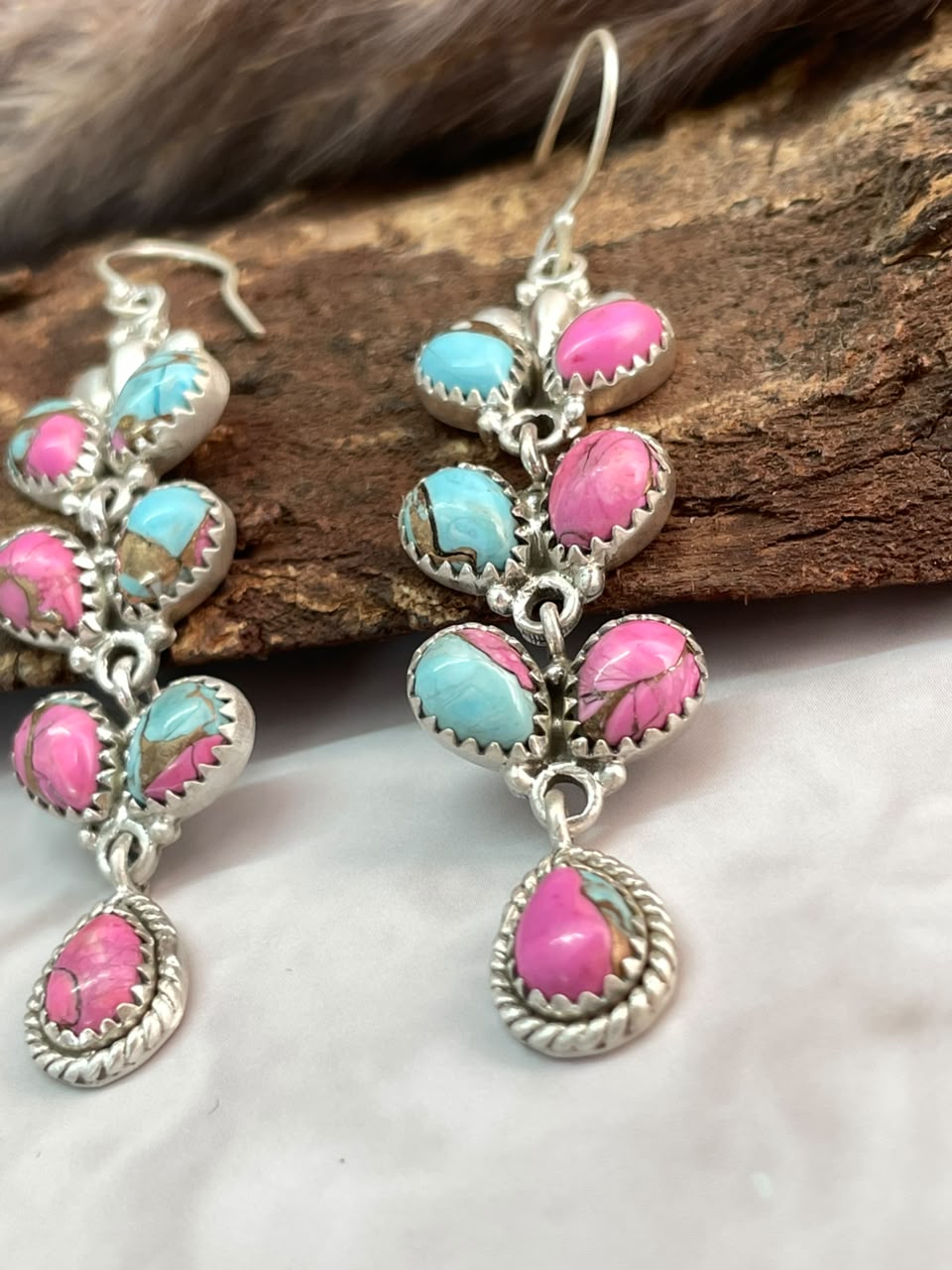 Handmade Sterling Silver Cotton Candy Hook Dangle Earrings Signed Nizhoni