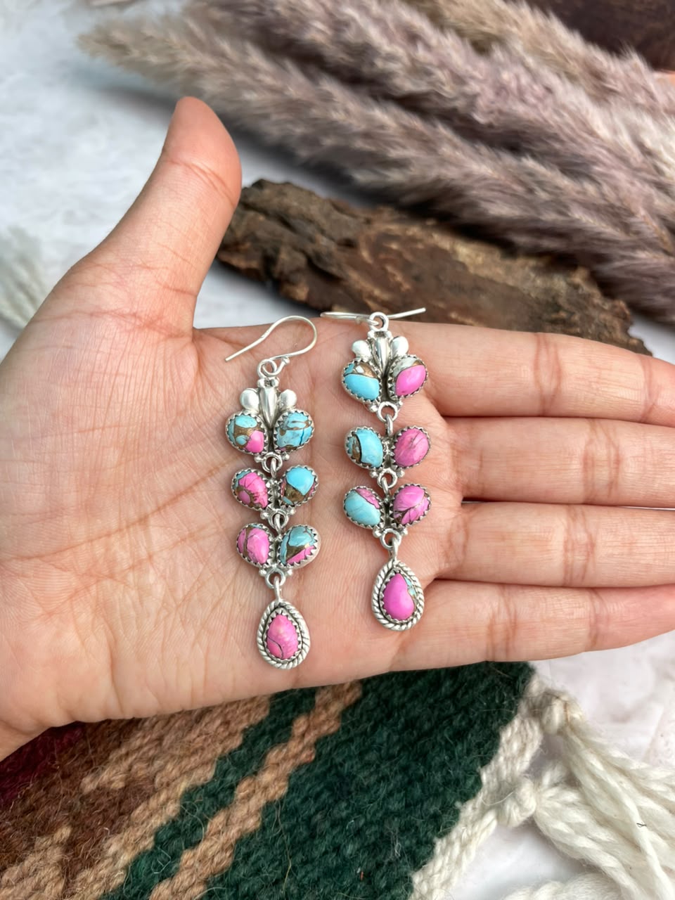 Handmade Sterling Silver Cotton Candy Hook Dangle Earrings Signed Nizhoni