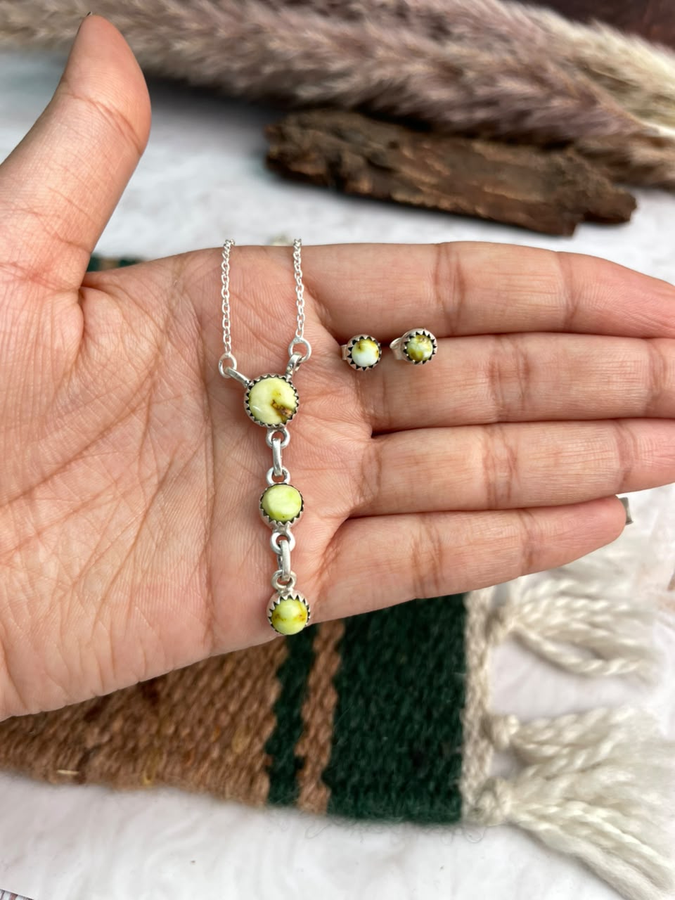 Handmade Sterling Silver Palomino Turquoise Necklace and Earrings Set Signed Nizhoni