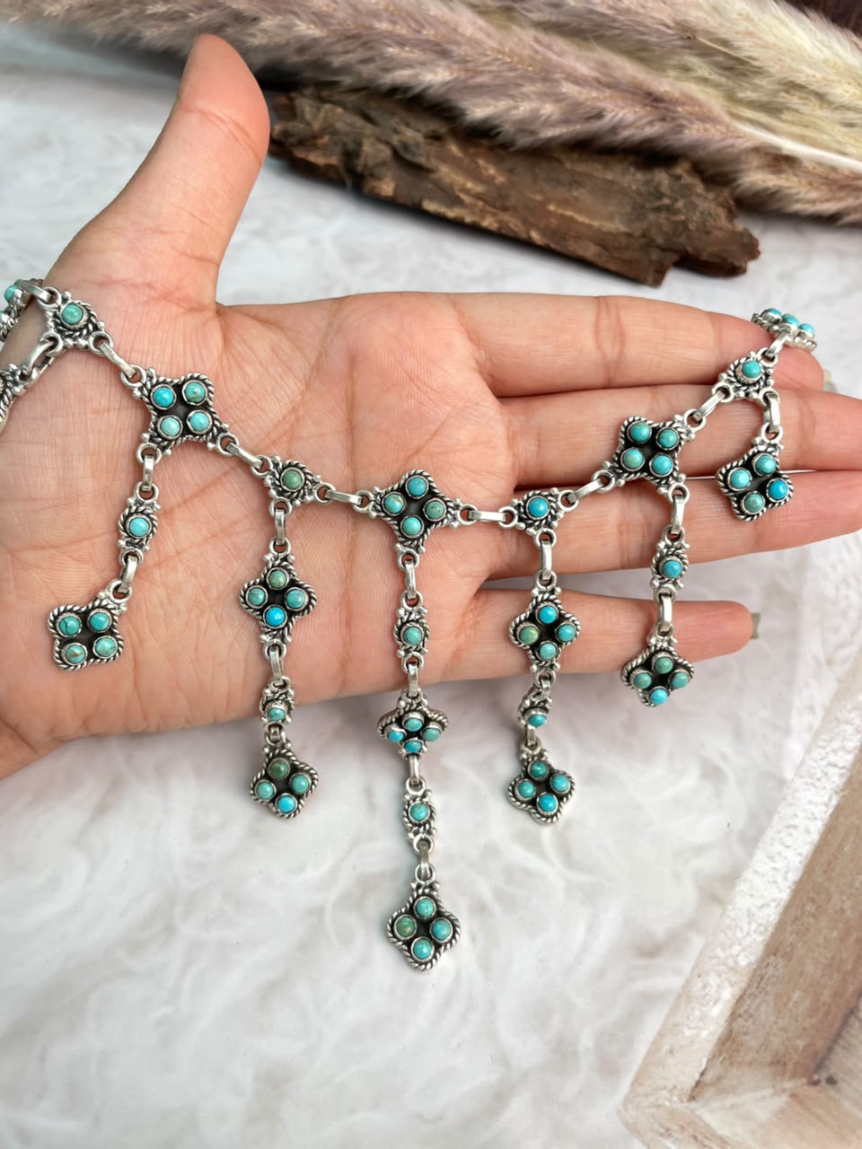 Handmade Sterling Silver Kingman Turquoise Drop Necklace Signed Nizhoni