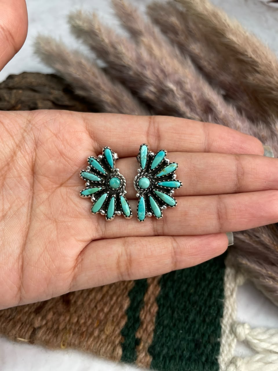 Handmade Sterling Silver Kingman Turquoise Post Studs Earrings Signed Nizhoni