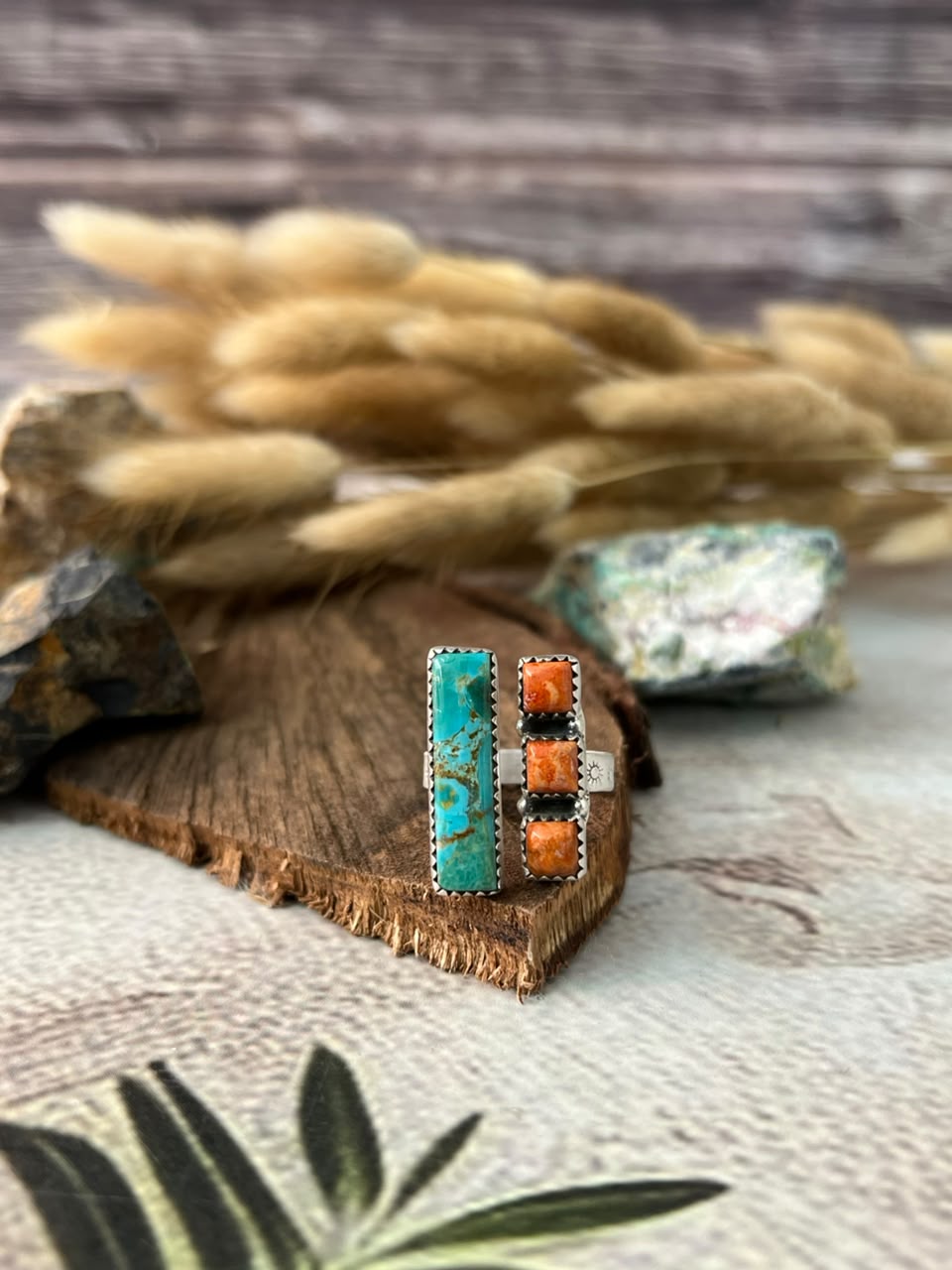 Handmade Sterling Silver Orange Mojave with Kingman Turquoise Adjustable Ring Signed Nizhoni