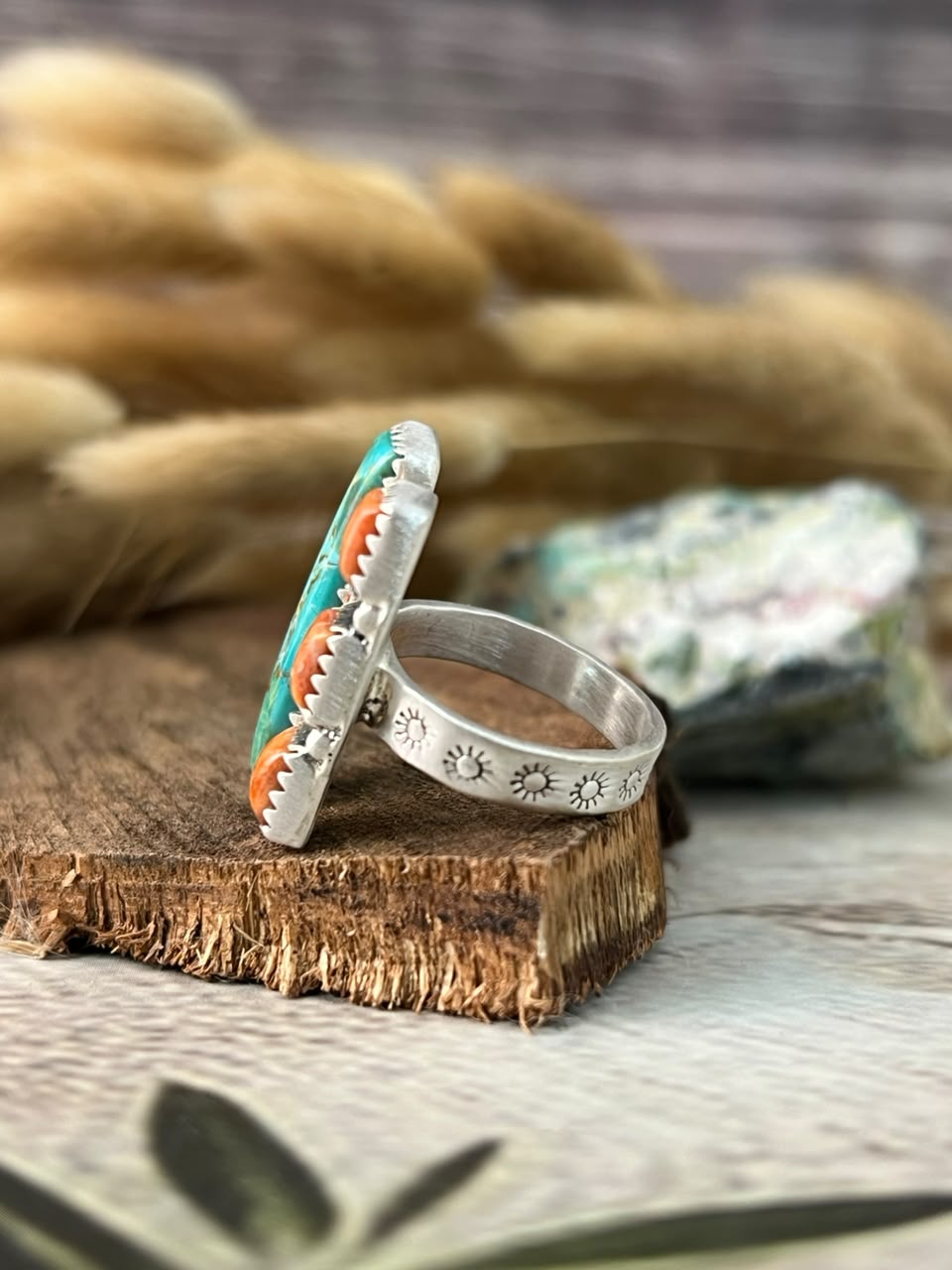 Handmade Sterling Silver Orange Mojave with Kingman Turquoise Adjustable Ring Signed Nizhoni