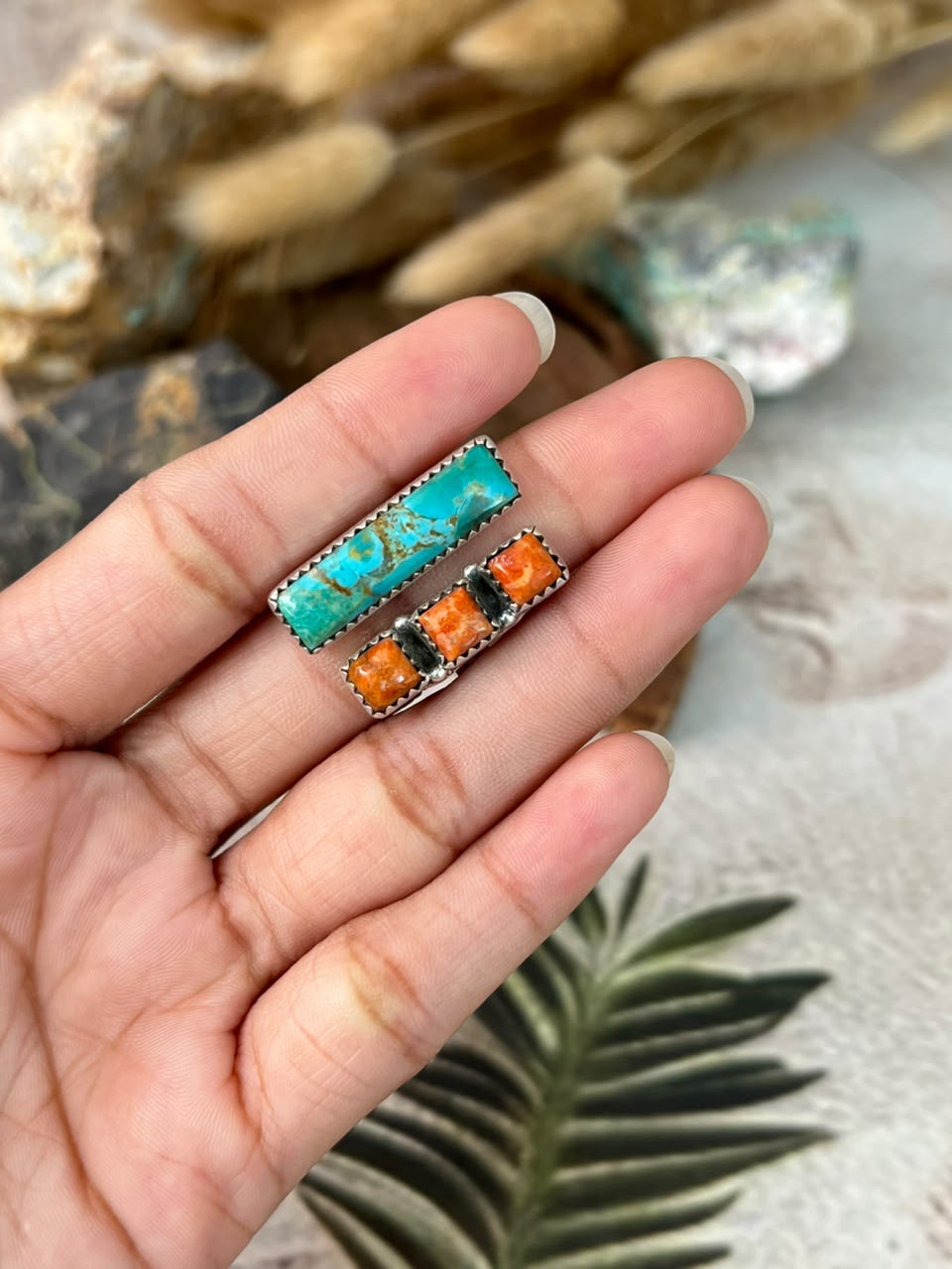 Handmade Sterling Silver Orange Mojave with Kingman Turquoise Adjustable Ring Signed Nizhoni