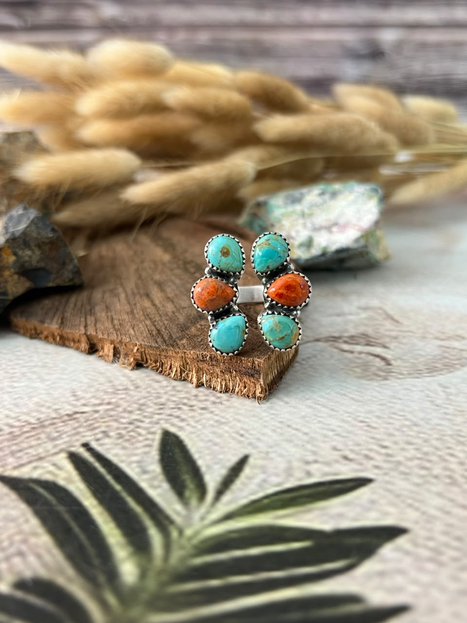 Handmade Sterling Silver Orange Mojave with Kingman Turquoise Adjustable Ring Signed Nizhoni