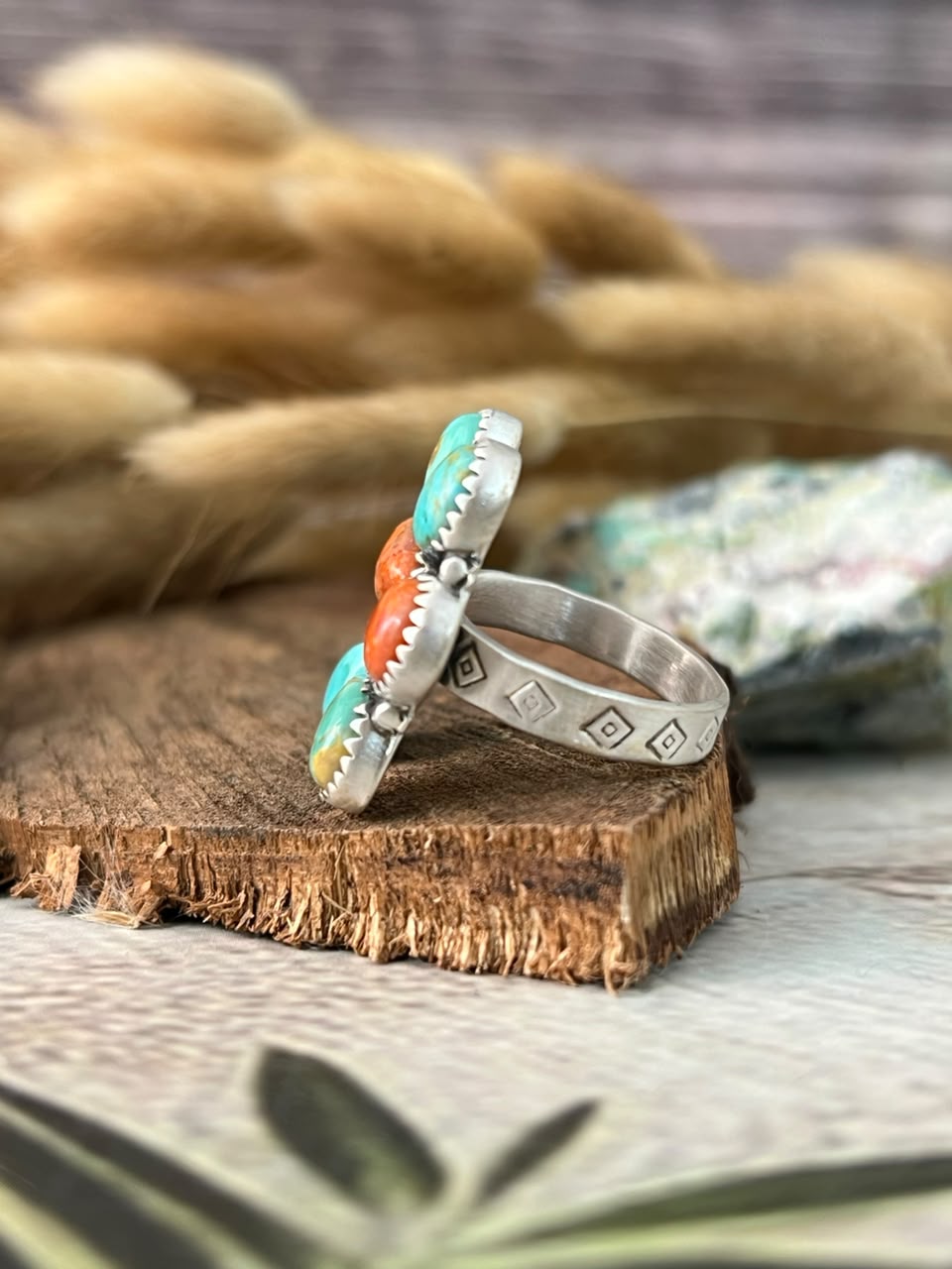 Handmade Sterling Silver Orange Mojave with Kingman Turquoise Adjustable Ring Signed Nizhoni