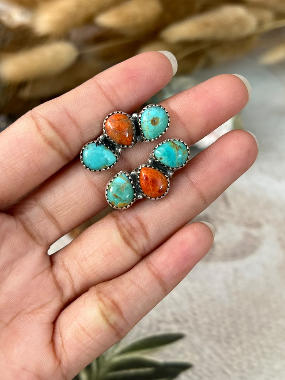 Handmade Sterling Silver Orange Mojave with Kingman Turquoise Adjustable Ring Signed Nizhoni