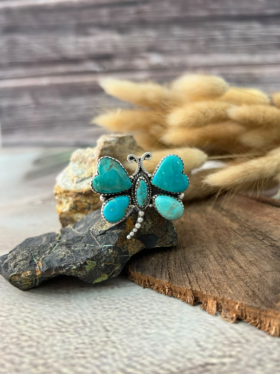 Handmade Sterling Silver Santa Maria Turquoise Dragonfly Adjustable Ring Signed Nizhoni
