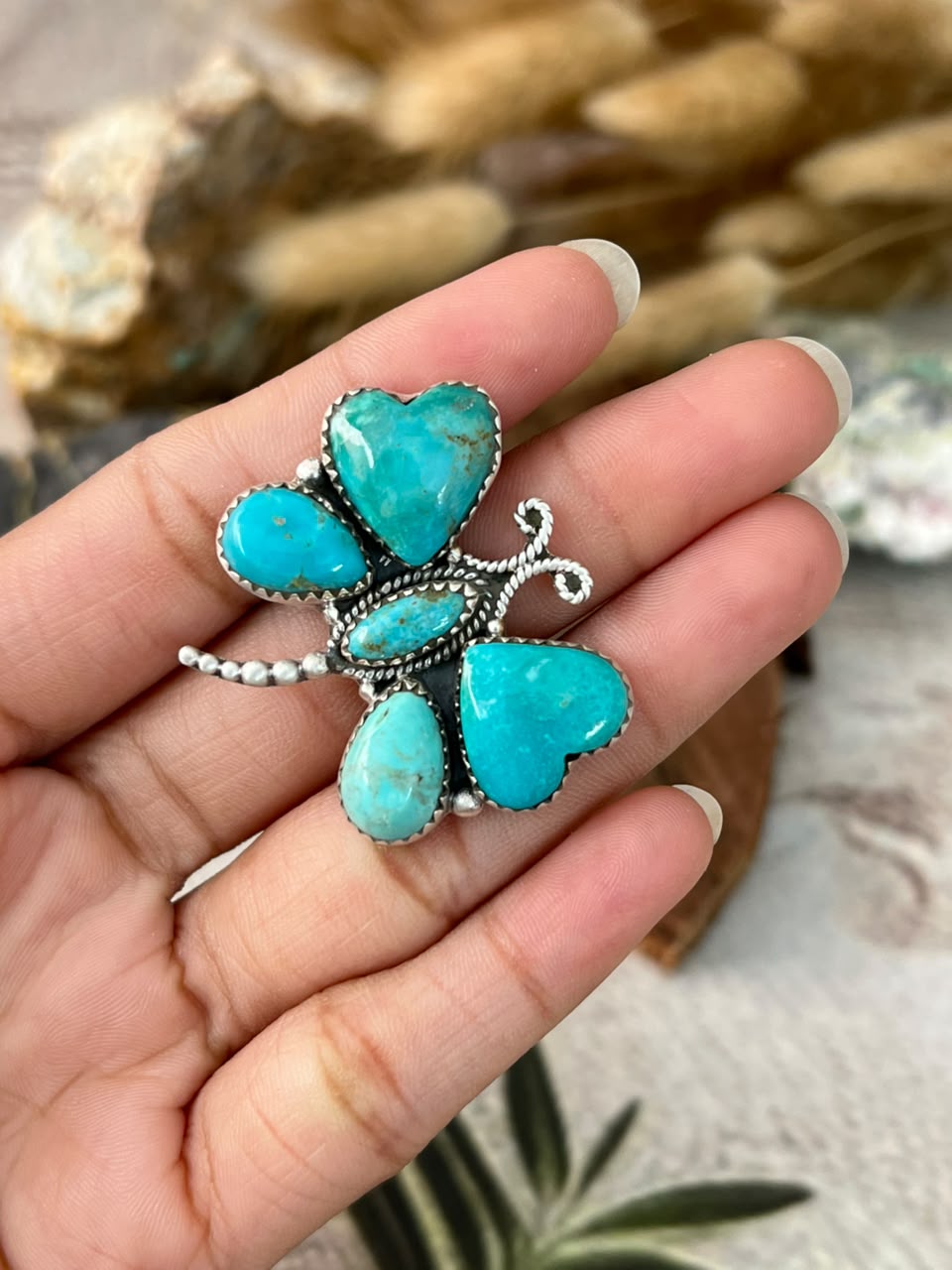 Handmade Sterling Silver Santa Maria Turquoise Dragonfly Adjustable Ring Signed Nizhoni