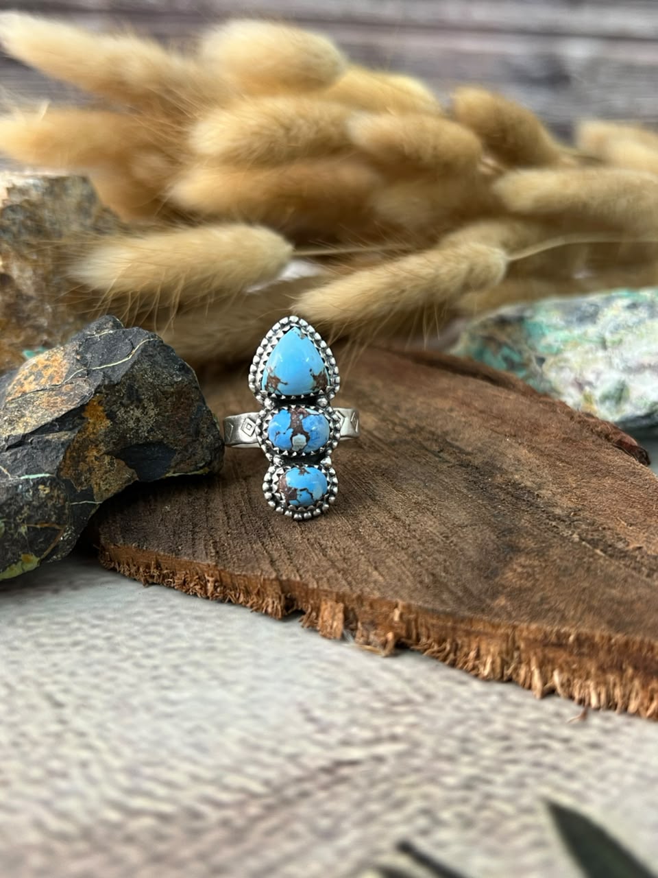 Handmade Sterling Silver Golden Hills Turquoise Adjustable Ring Signed Nizhoni