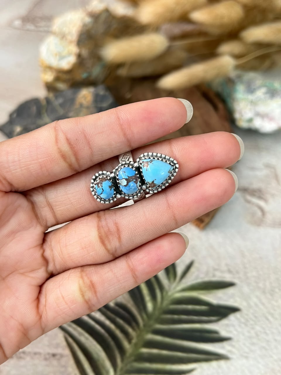 Handmade Sterling Silver Golden Hills Turquoise Adjustable Ring Signed Nizhoni