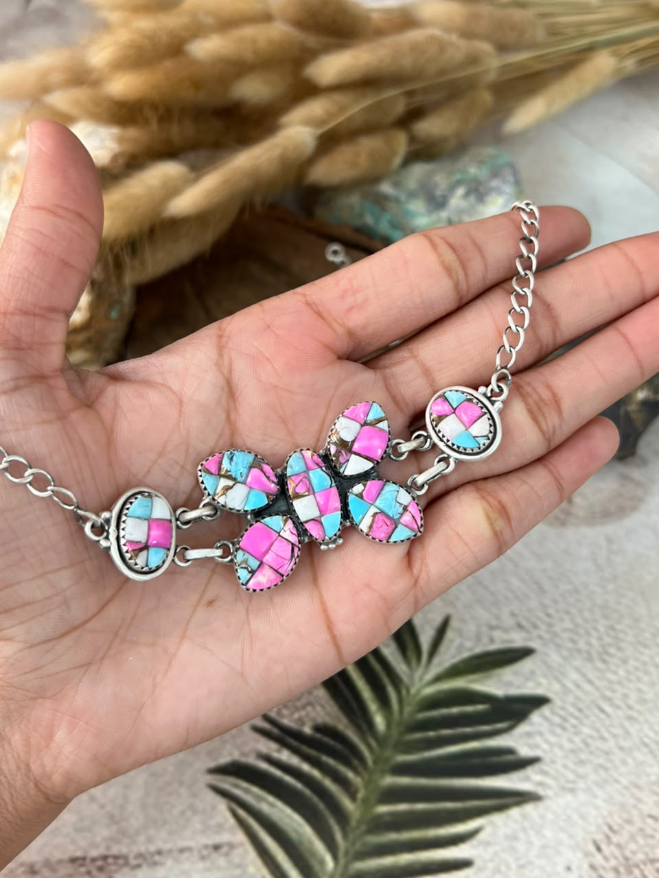 Handmade Sterling Silver Cotton Candy Cobble Stone Butterfly Necklace Signed Nizhoni