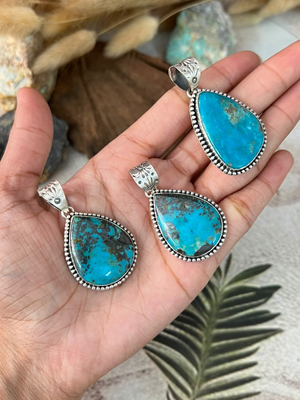 Handmade Sterling Silver Manassa Turquoise Pendant Signed Nizhoni