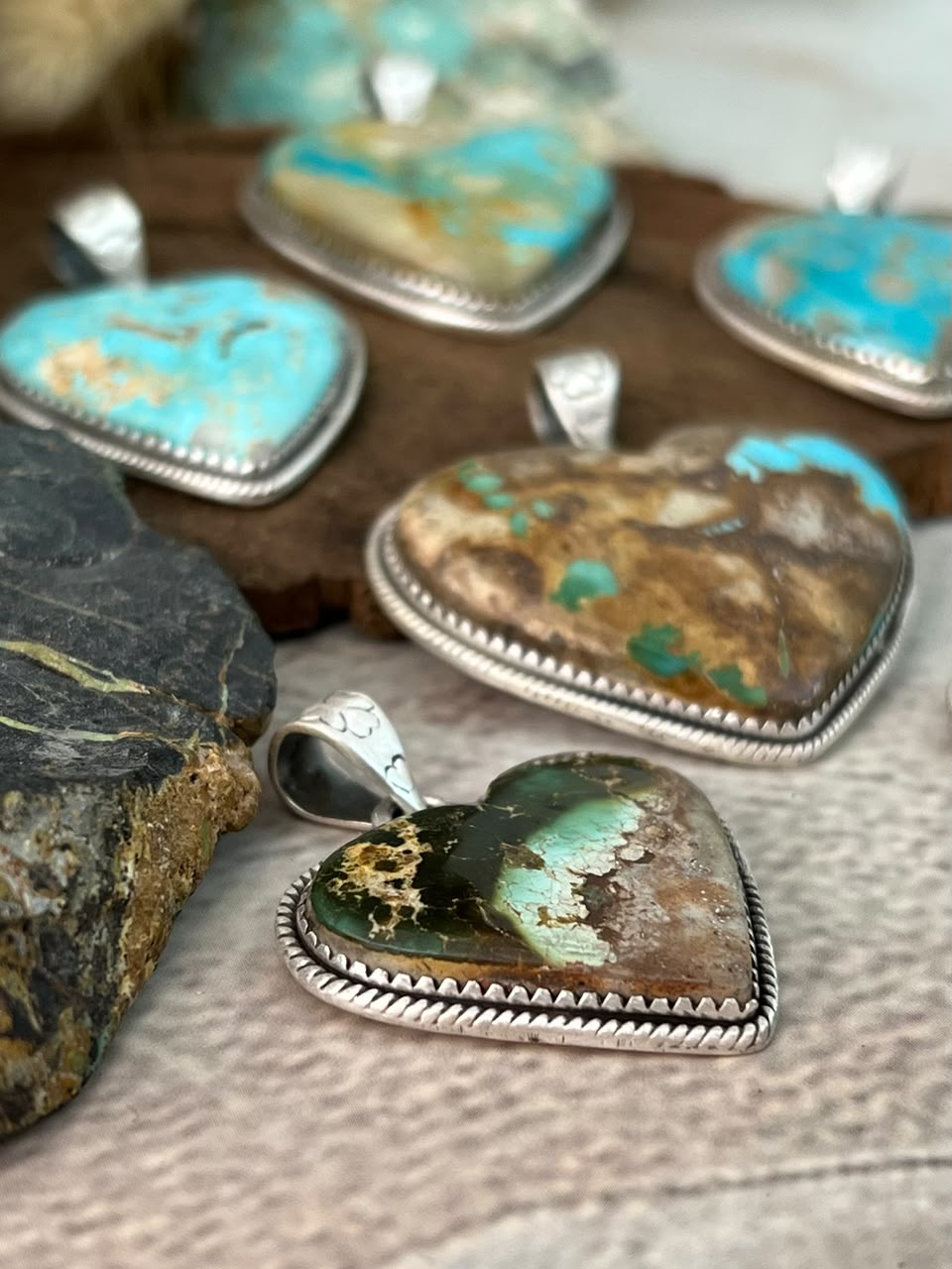 Handmade Sterling Silver Royston Ribbon Turquoise Heart Pendant Signed Nizhoni
