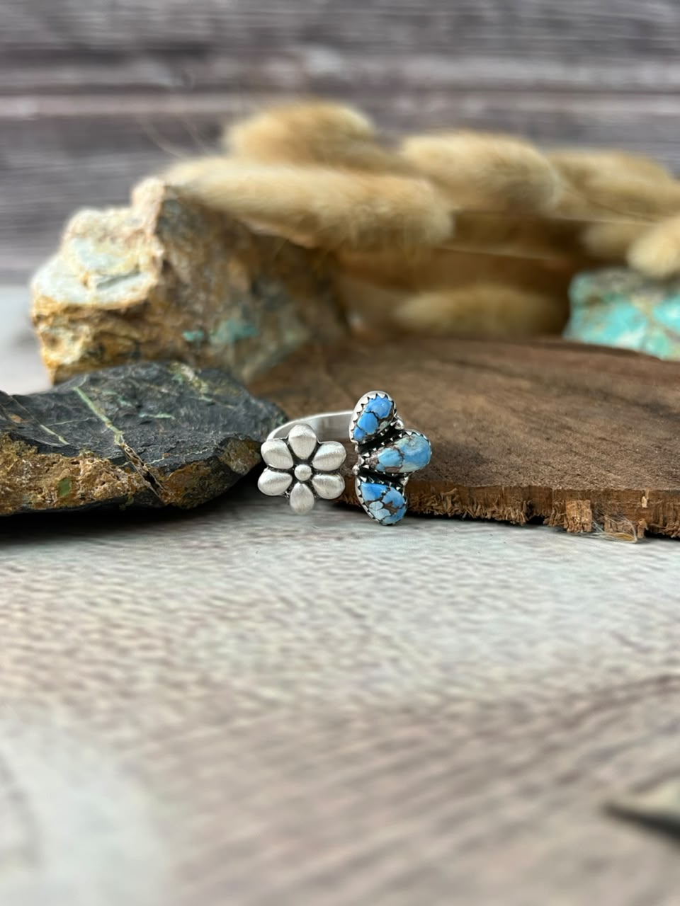 Handmade Sterling Silver Golden Hills Turquoise Adjustable Ring Signed Nizhoni