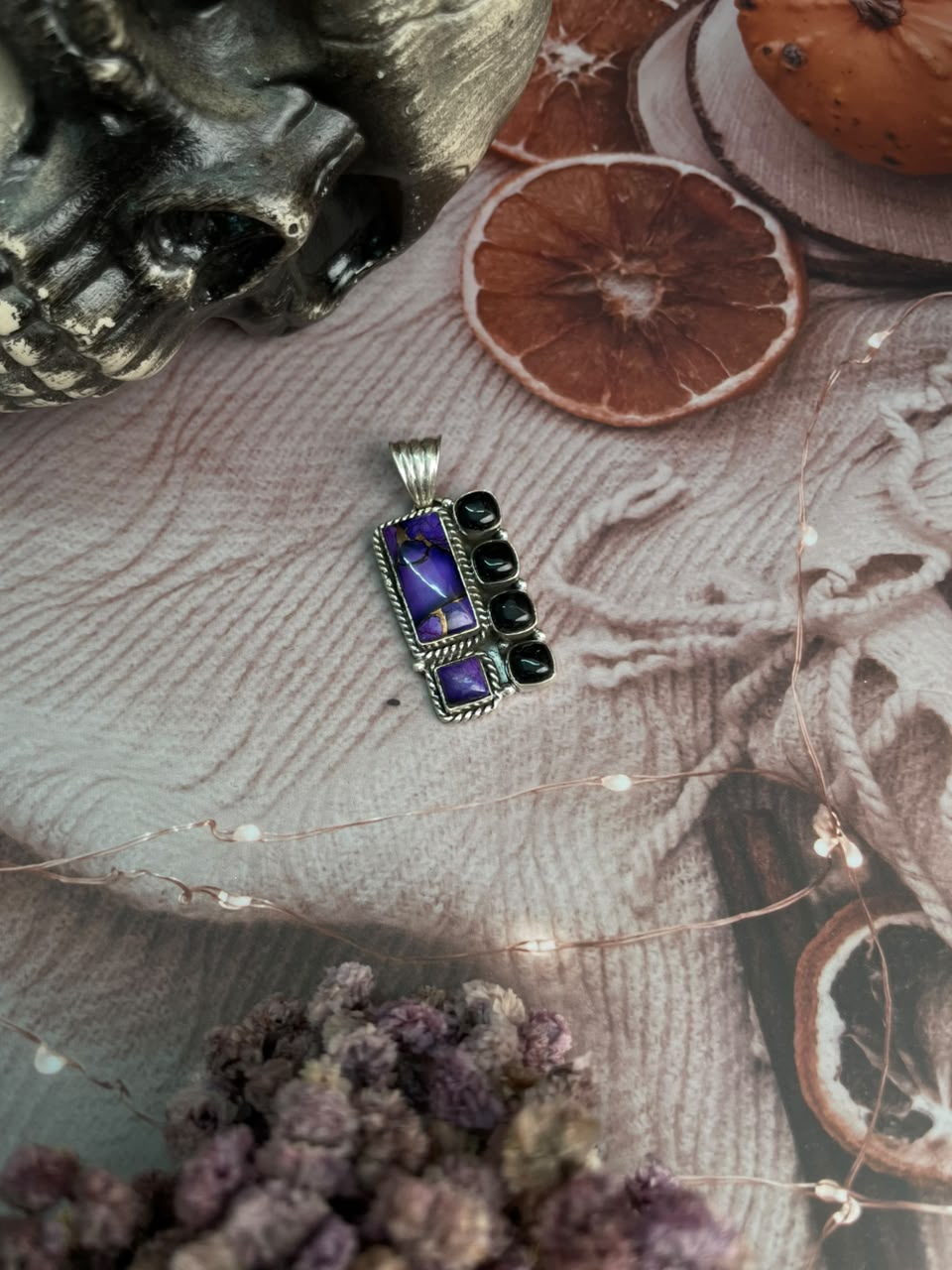 Handmade Sterling Silver Grape Dahlia with Black Onyx Halloween Collection: Pendant Signed Nizhoni