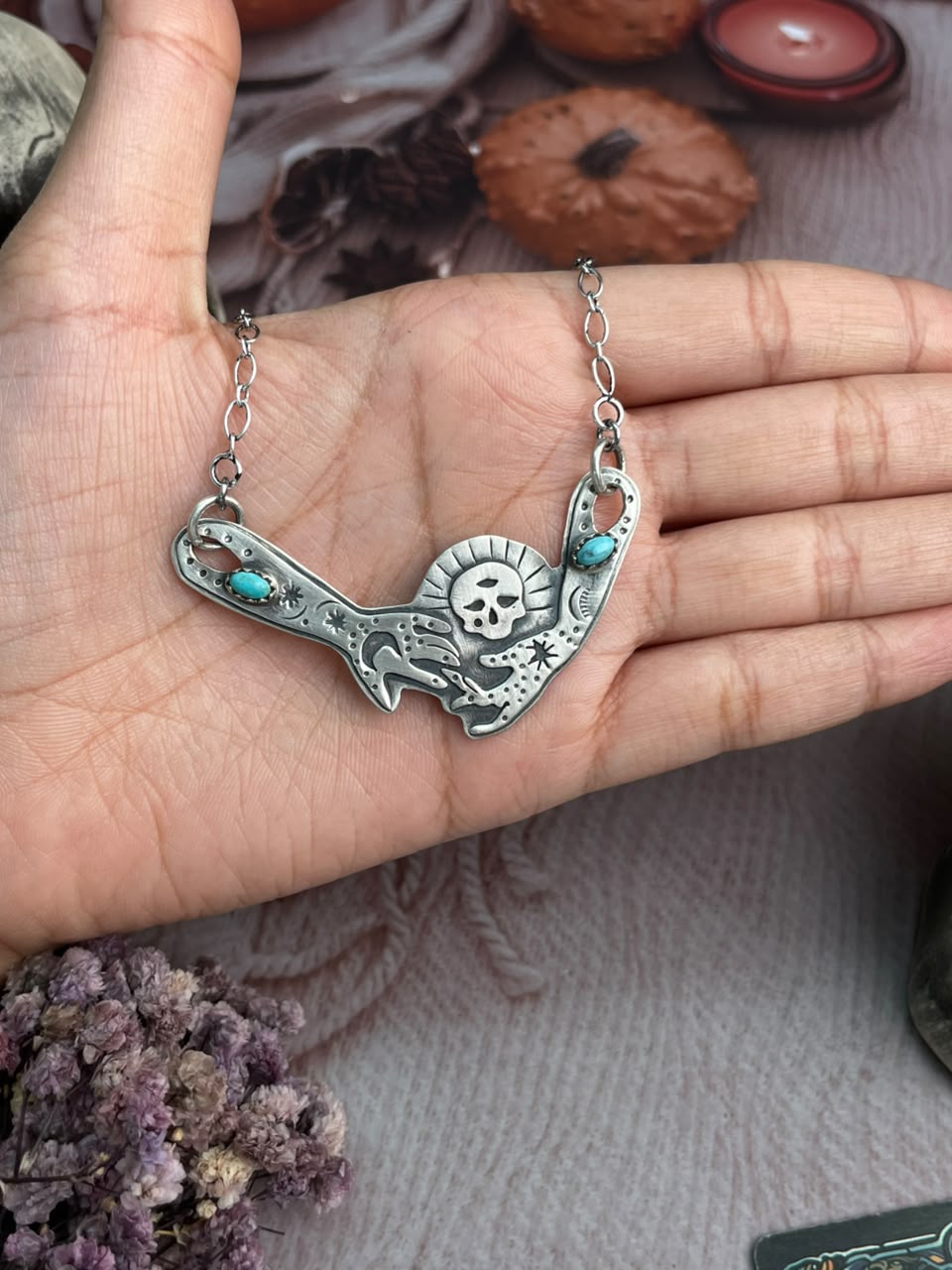 Handmade Sterling Silver Kingman Turquoise Halloween Collection: Necklace Signed Nizhoni