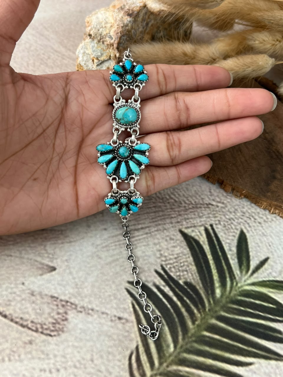 Handmade Sterling Silver Kingman Turquoise Chain Bracelet Signed Nizhoni (6)