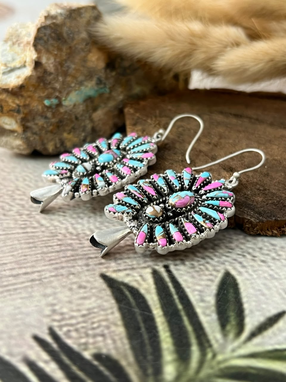 Handmade Sterling Silver Cotton Candy Hook Dangle Squash Blossom Earrings Signed Nizhoni