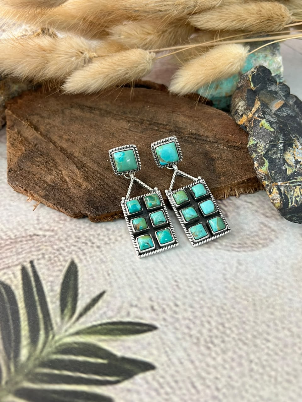 Handmade Sterling Silver Kingman Turquoise Post Dangle Earrings Signed Nizhoni
