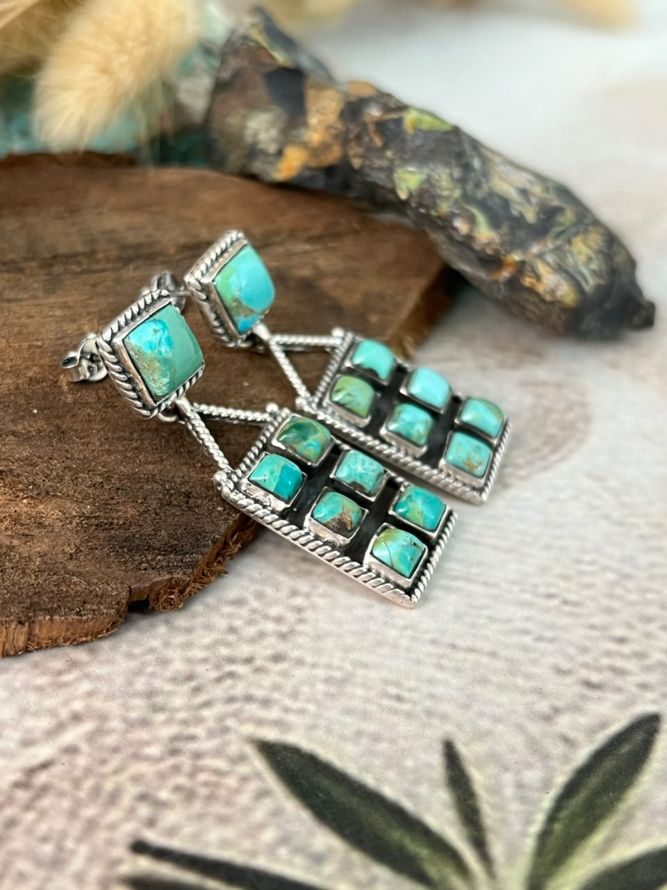 Handmade Sterling Silver Kingman Turquoise Post Dangle Earrings Signed Nizhoni